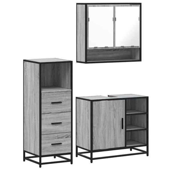 ARDEBO.de - 3-tlg. Badmöbel-Set Grau Sonoma Holzwerkstoff