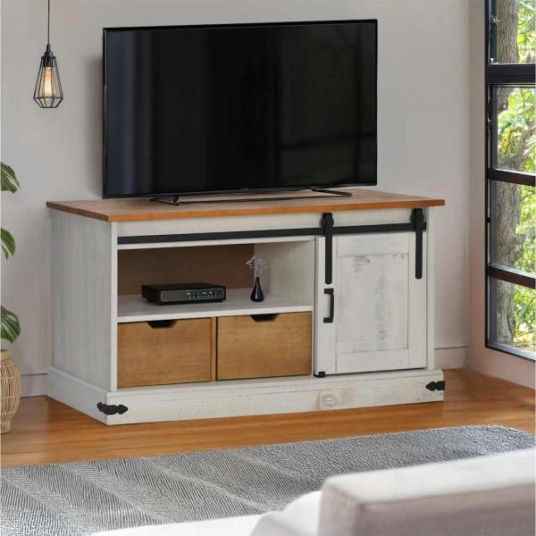 ARDEBO.de - TV-Schrank HALDEN mit Schiebetür Weiß 110x40x60 cm Massivholz