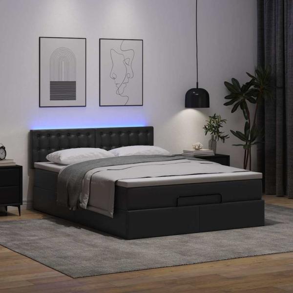 Ottoman-Bett mit Matratzen & LEDs Schwarz 140x200 cm Kunstleder