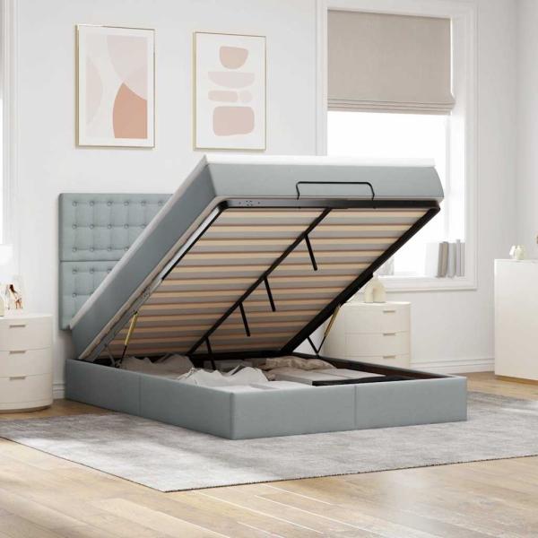 ARDEBO.de - Ottoman-Bett mit Matratze & LEDs Hellgrau 140x200 cm Stoff