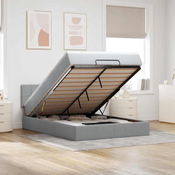 ARDEBO.de - Ottoman-Bett mit Matratze & LEDs Hellgrau 140x200 cm Stoff