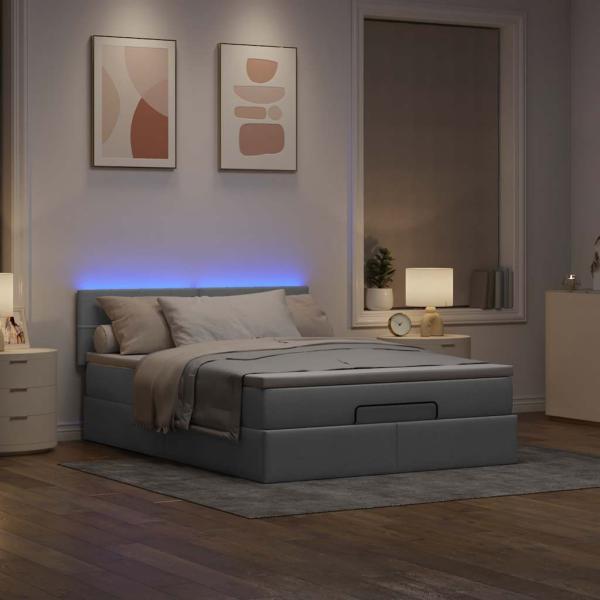 Ottoman-Bett mit Matratze & LEDs Hellgrau 140x200 cm Stoff