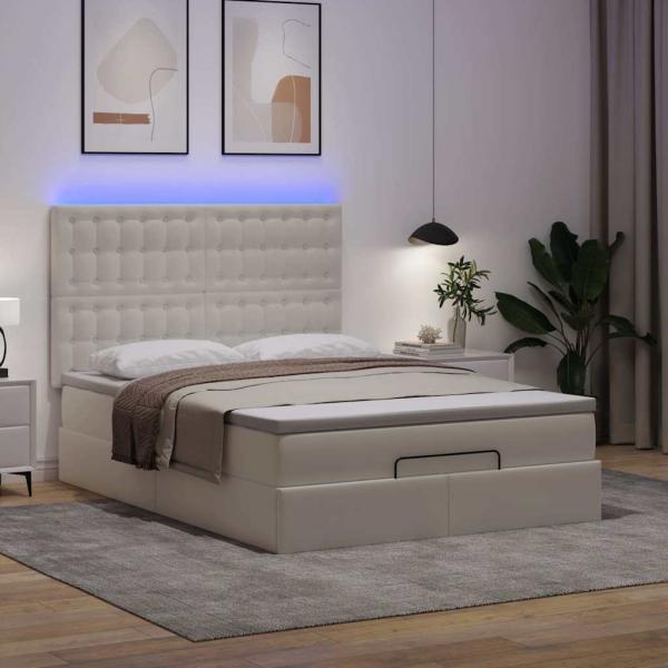 Ottoman-Bett mit Matratze & LEDs Weiß 140x190 cm Kunstleder