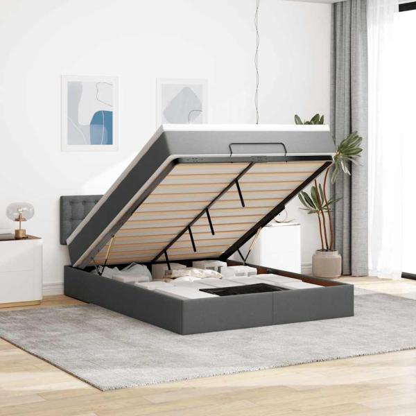 ARDEBO.de - Ottoman-Bett mit Matratze & LEDs Dunkelgrau 140x190 cm Stoff