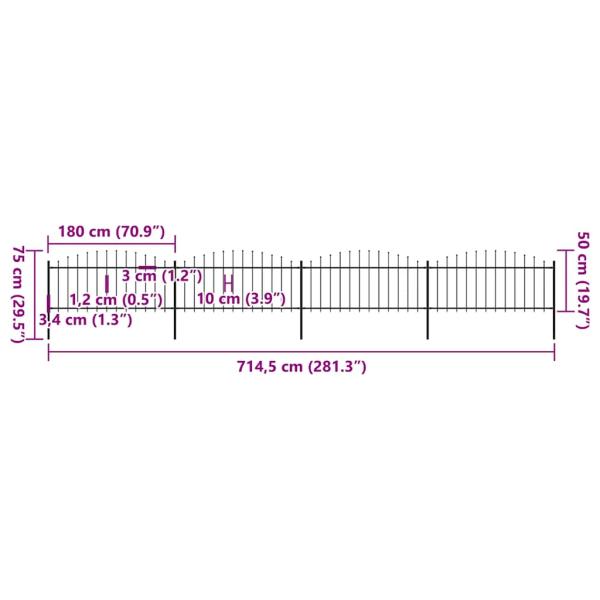 Gartenzaun mit Speerspitzen Stahl (0,5 - 0,75) x 6,8 m Schwarz