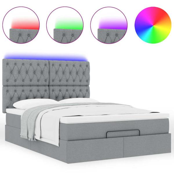 Ottoman-Bett mit Matratze & LEDs Hellgrau 140x190 cm Stoff