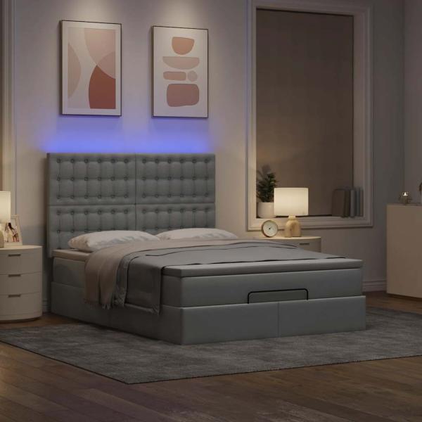 Ottoman-Bett mit Matratze & LEDs Hellgrau 140x190 cm Stoff