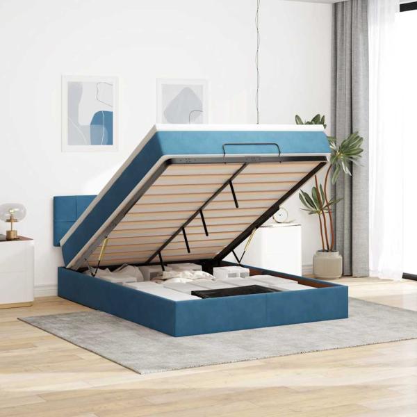 ARDEBO.de - Ottoman-Bett mit Matratze & LEDs Dunkelblau 140x190 cm Samt