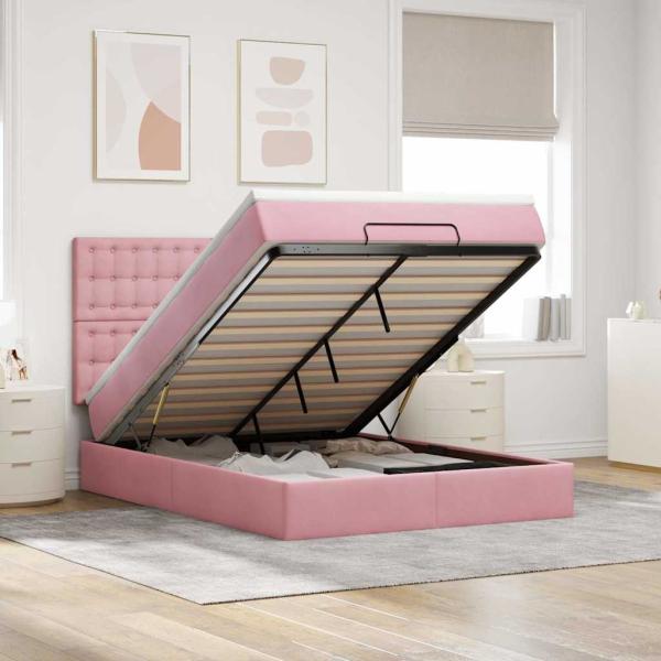 ARDEBO.de - Ottoman-Bett mit Matratzen & LEDs Rosa 140x190 cm Samt