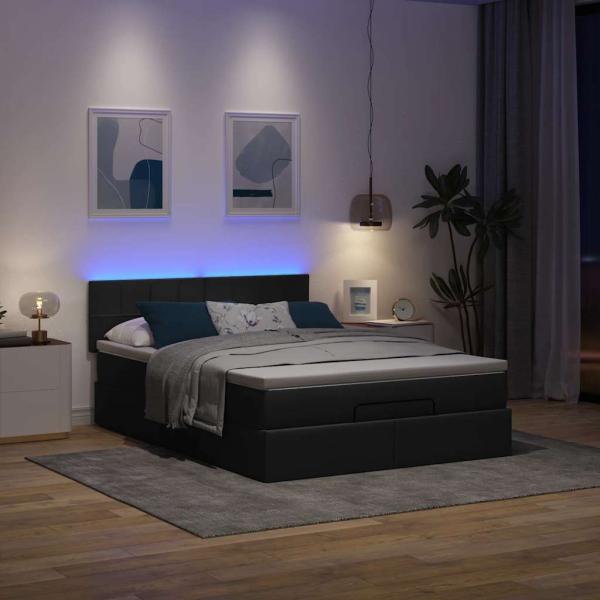 Ottoman-Bett mit Matratze & LEDs Schwarz 140x190 cm Stoff
