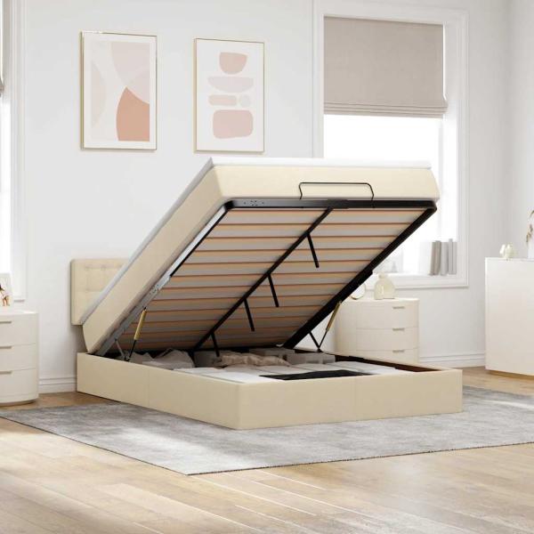 ARDEBO.de - Ottoman-Bett mit Matratze & LEDs Creme 140x190 cm Stoff