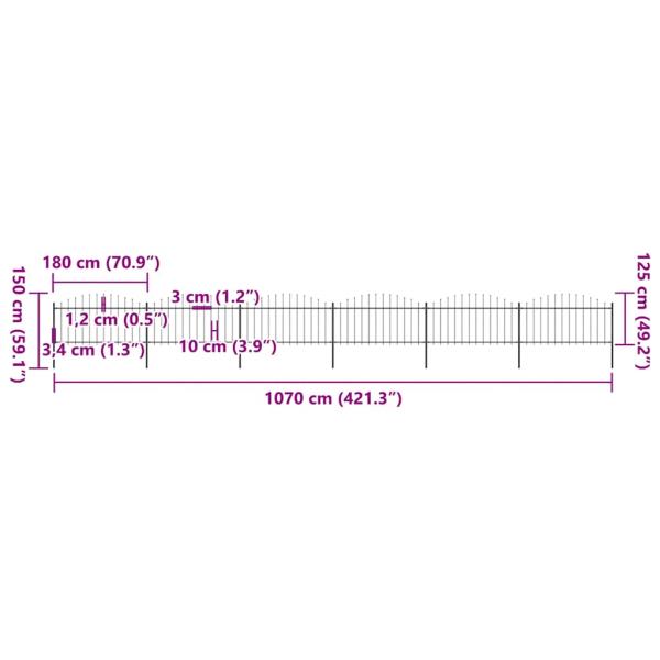Gartenzaun mit Speerspitzen Stahl (1,25 - 1,5) x 10,2 m Schwarz