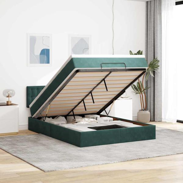 ARDEBO.de - Ottoman-Bett mit Matratze & LEDs Dunkelgrün 140x200 cm Samt