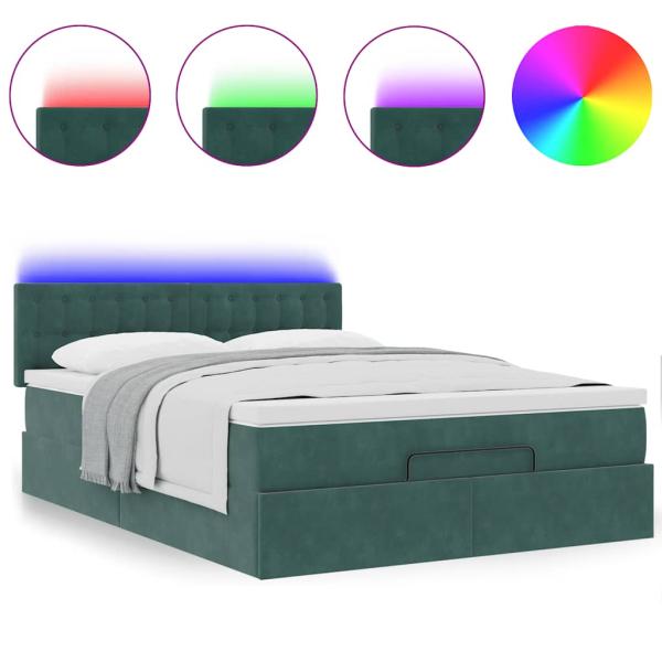 Ottoman-Bett mit Matratze & LEDs Dunkelgrün 140x200 cm Samt