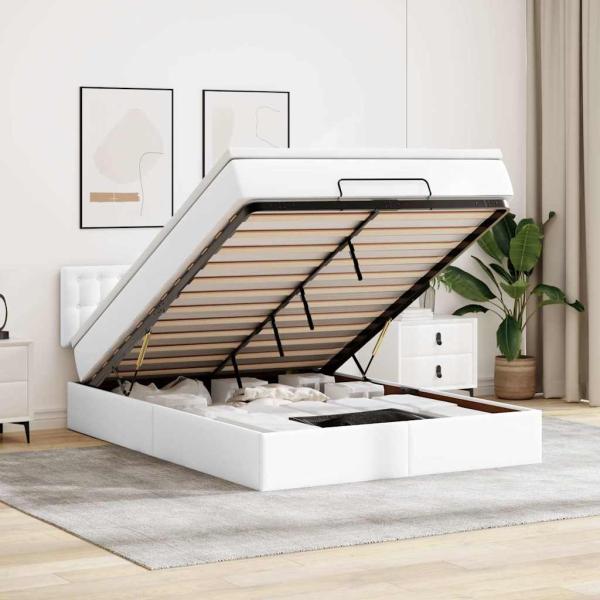 ARDEBO.de - Ottoman-Bett mit Matratzen & LEDs Reinweiß 140x190cm Kunstleder