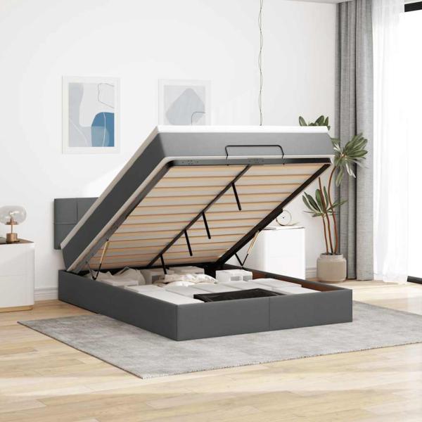 ARDEBO.de - Ottoman-Bett mit Matratze & LEDs Dunkelgrau 140x190 cm Stoff