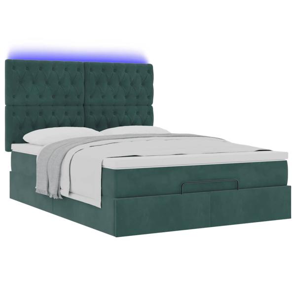 Ottoman-Bett mit Matratzen & LEDs Dunkelgrün 140x200 cm Samt