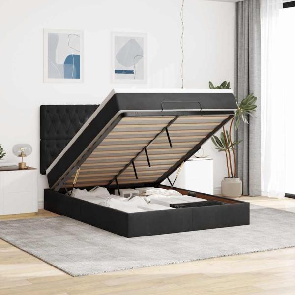 ARDEBO.de - Ottoman-Bett mit Matratzen & LEDs Schwarz 140x190 cm Samt