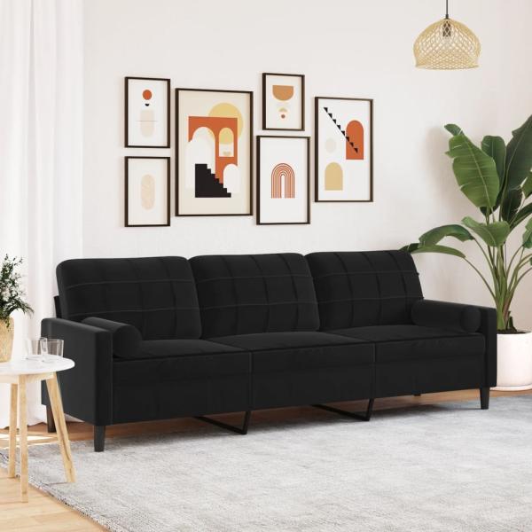 ARDEBO.de - Sofa 3-Sitzer mit Zierkissen Schwarz 210 cm Samt