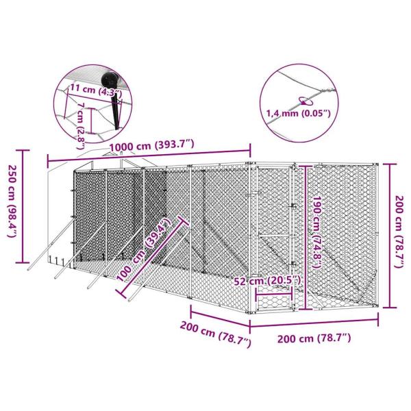 Outdoor-Hundezwinger mit Dach Silbern 2x10x2,5 m Stahl Verzinkt