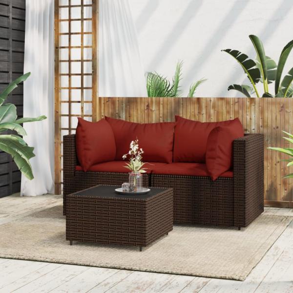 ARDEBO.de - 3-tlg. Garten-Lounge-Set mit Kissen Braun Poly Rattan