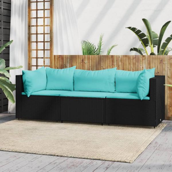 ARDEBO.de - 3-tlg. Garten-Lounge-Set mit Kissen Schwarz Poly Rattan