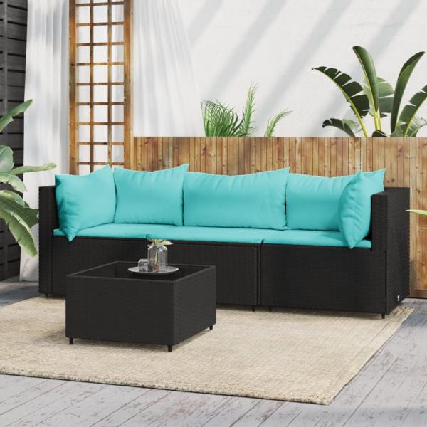 ARDEBO.de - 4-tlg. Garten-Lounge-Set mit Kissen Schwarz Poly Rattan