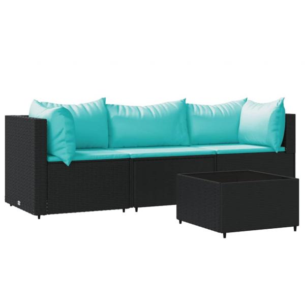 4-tlg. Garten-Lounge-Set mit Kissen Schwarz Poly Rattan