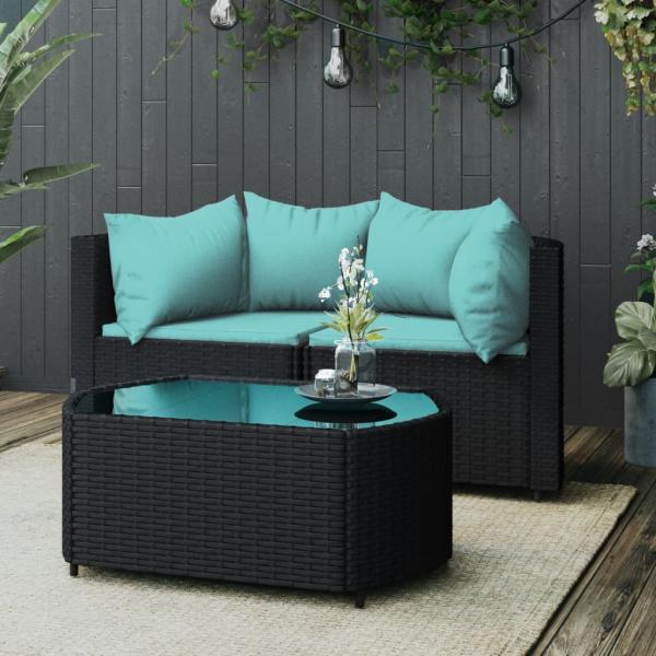 ARDEBO.de - 3-tlg. Garten-Lounge-Set mit Kissen Schwarz Poly Rattan