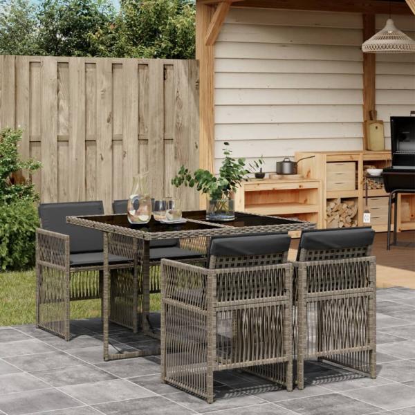 ARDEBO.de - 5-tlg. Garten-Essgruppe mit Kissen Grau Poly Rattan