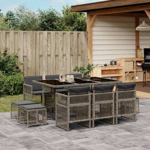 ARDEBO.de - 11-tlg. Garten-Essgruppe mit Kissen Grau Poly Rattan
