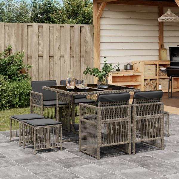 ARDEBO.de - 9-tlg. Garten-Essgruppe mit Kissen Grau Poly Rattan