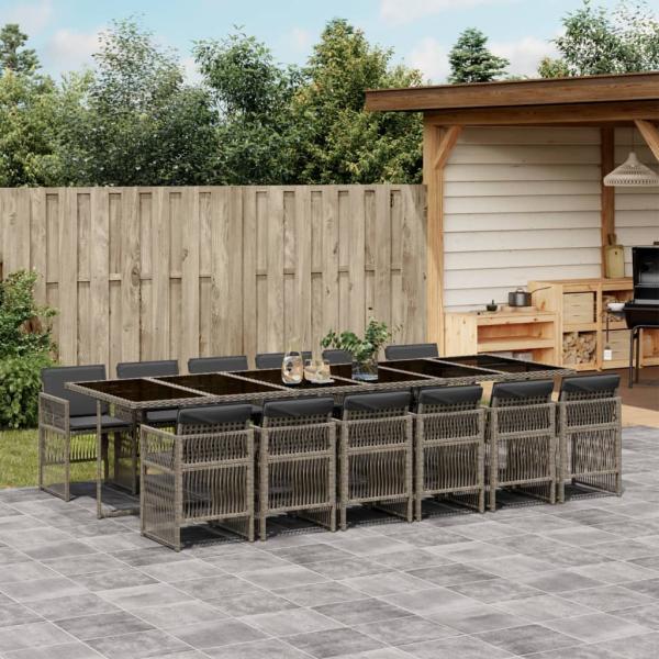 ARDEBO.de - 13-tlg. Garten-Essgruppe mit Kissen Grau Poly Rattan