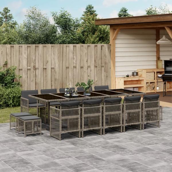 ARDEBO.de - 15-tlg. Garten-Essgruppe mit Kissen Grau Poly Rattan