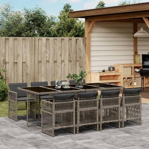 ARDEBO.de - 9-tlg. Garten-Essgruppe mit Kissen Grau Poly Rattan