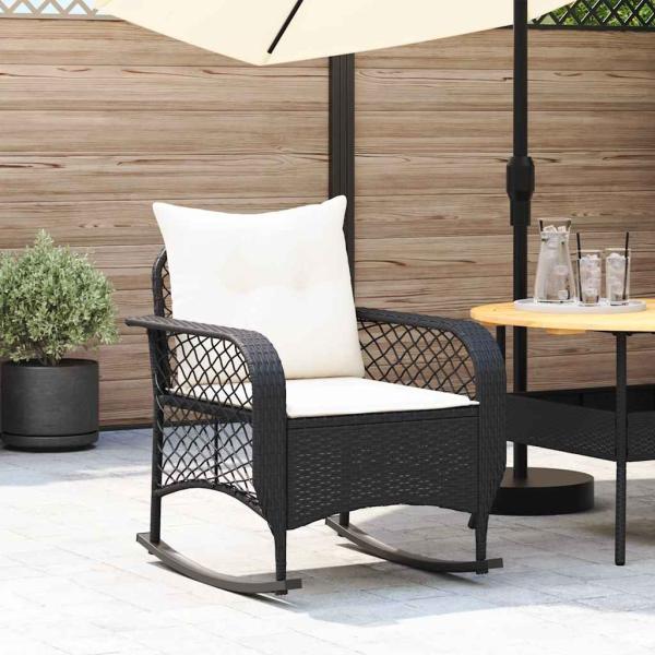 ARDEBO.de - Garten-Schaukelstuhl mit Kissen Schwarz Poly Rattan