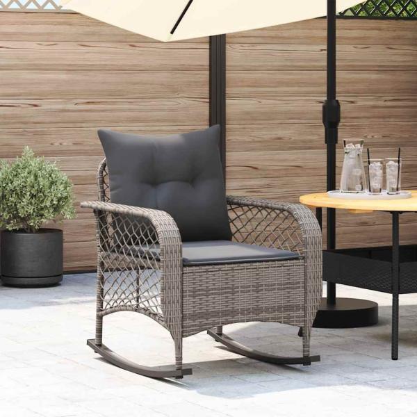 ARDEBO.de - Garten-Schaukelstuhl mit Kissen Grau Poly Rattan