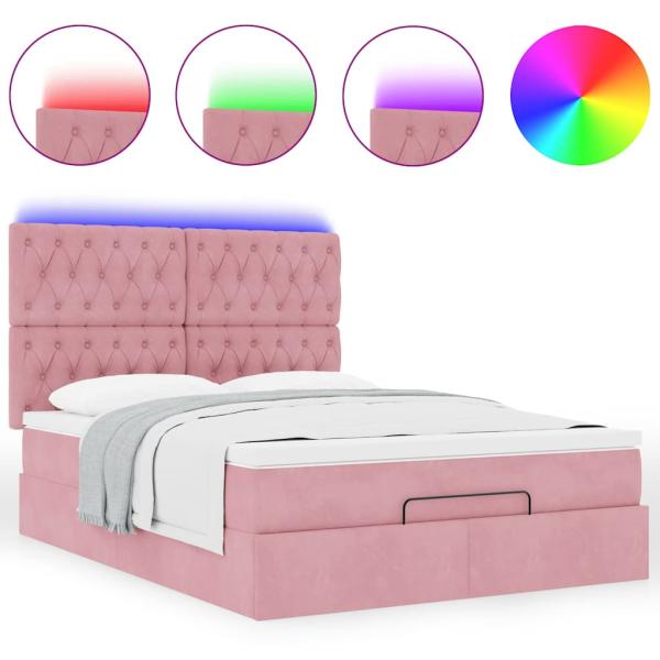 ARDEBO.de - Ottoman-Bett mit Matratzen & LEDs Rosa 140x200 cm Samt