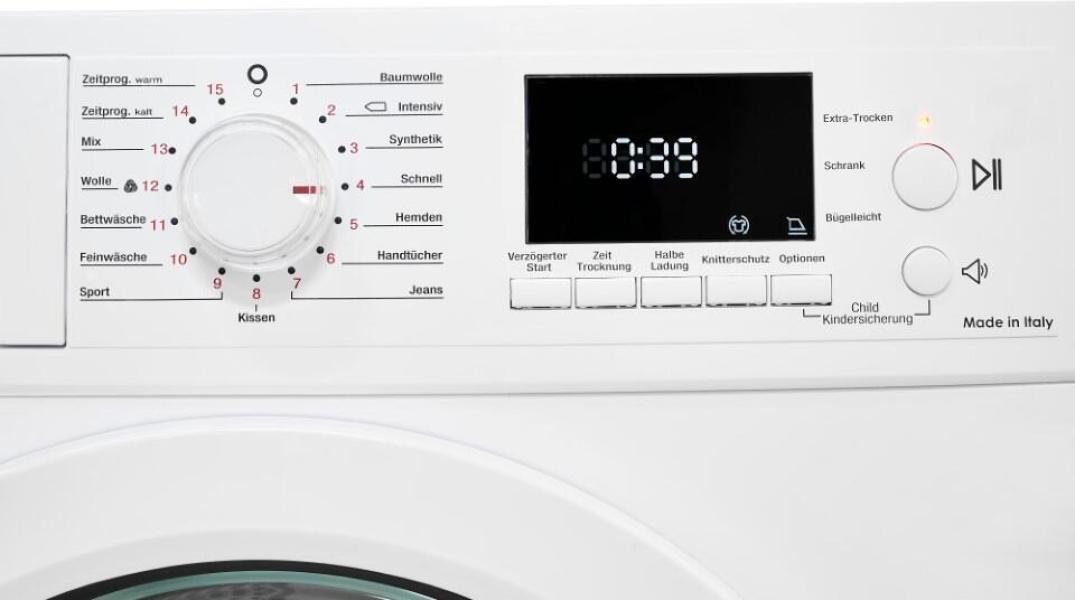 Exquisit TWP903-410 EEK: D 9kg Wärmepumpentrockner, 59,5 cm breit, 15 Programme, Knitterschutz, Restlaufzeitanzeige, Kindersicherung, Innenbeleuchtung, weiß