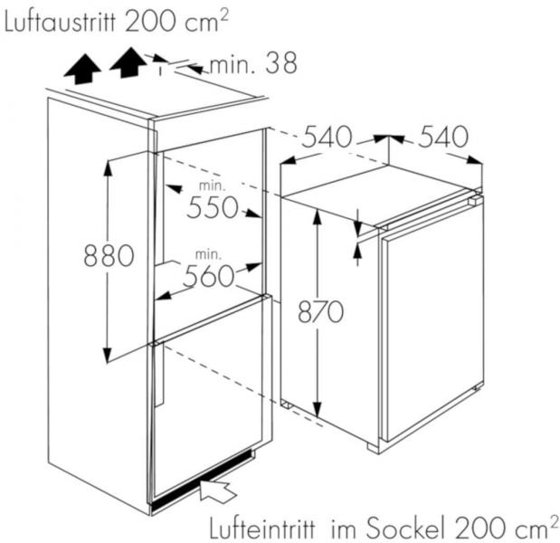 Wolkenstein WKS135.0EEB Einbau Vollraumkühlschrank, 54 cm breit, Nischenhöhe 88 cm, 129 L, Schlepptürtechnik, Thermostat, weiß