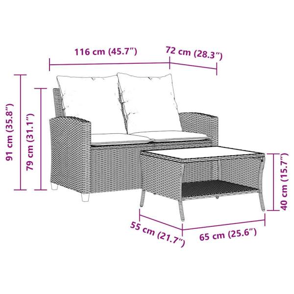 Gartensofa 2-Sitzer mit Kissen & Tisch Schwarz Poly Rattan