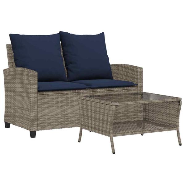 Gartensofa 2-Sitzer mit Kissen & Tisch Grau Poly Rattan