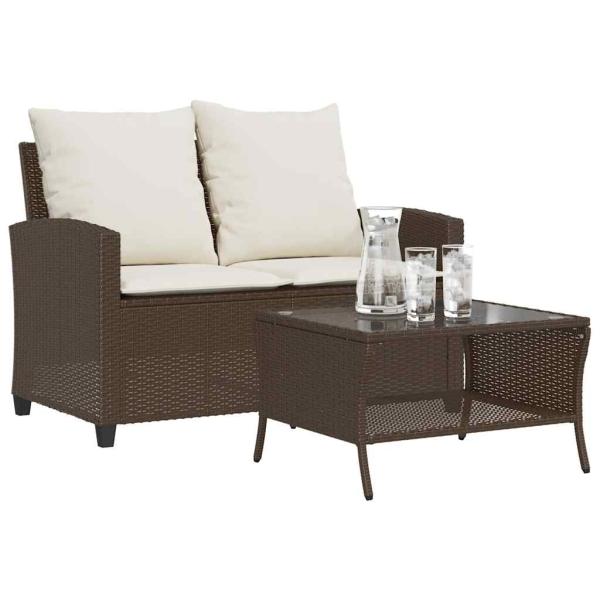 ARDEBO.de - Gartensofa 2-Sitzer mit Kissen & Tisch Braun Poly Rattan