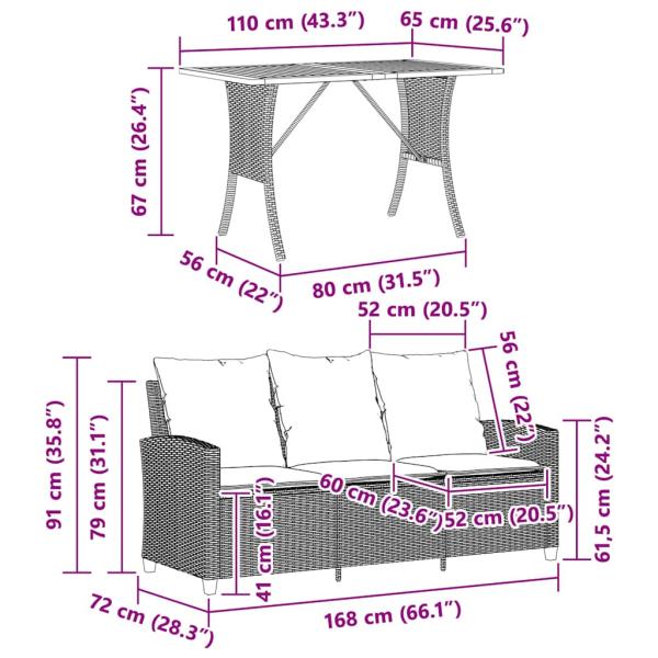 Gartensofa 3-Sitzer mit Kissen & Tisch Beige Poly Rattan