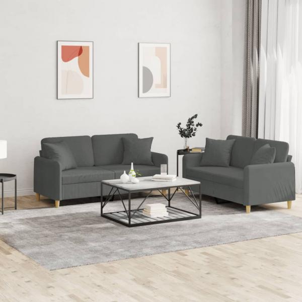 ARDEBO.de - 2-tlg. Sofagarnitur mit Kissen Dunkelgrau Stoff