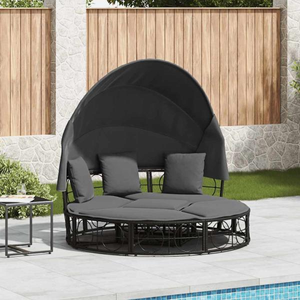 ARDEBO.de - Outdoor-Loungebett mit Dach und Kissen Schwarz Poly Rattan