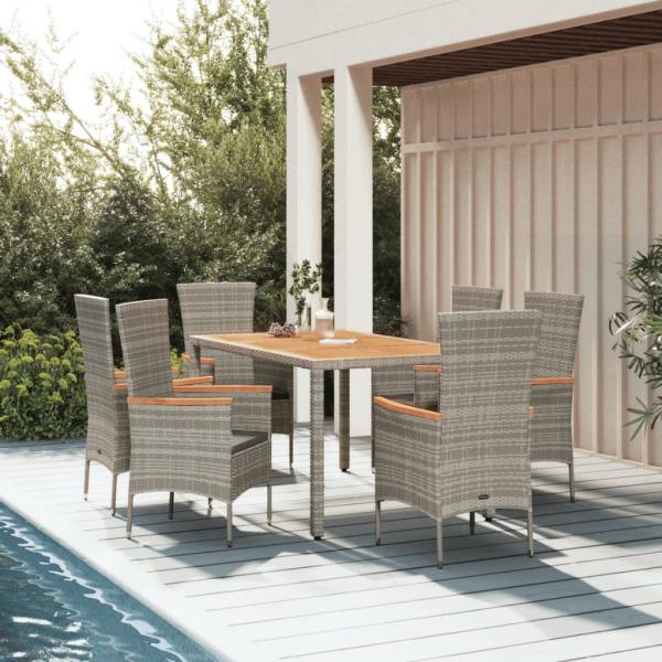 ARDEBO.de - 7-tlg. Garten-Essgruppe mit Kissen Grau Poly Rattan
