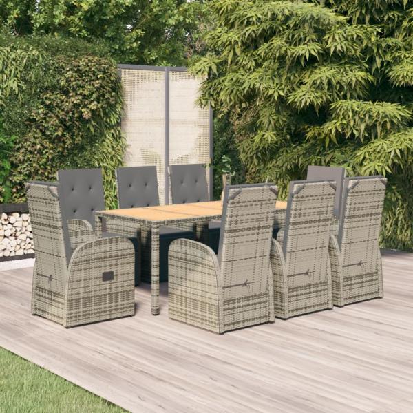 ARDEBO.de - 9-tlg. Garten-Essgruppe mit Kissen Grau Poly Rattan