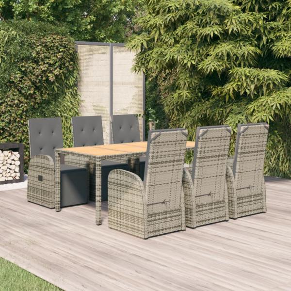 ARDEBO.de - 7-tlg. Garten-Essgruppe mit Kissen Grau Poly Rattan