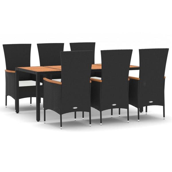 7-tlg. Garten-Essgruppe mit Kissen Schwarz Poly Rattan